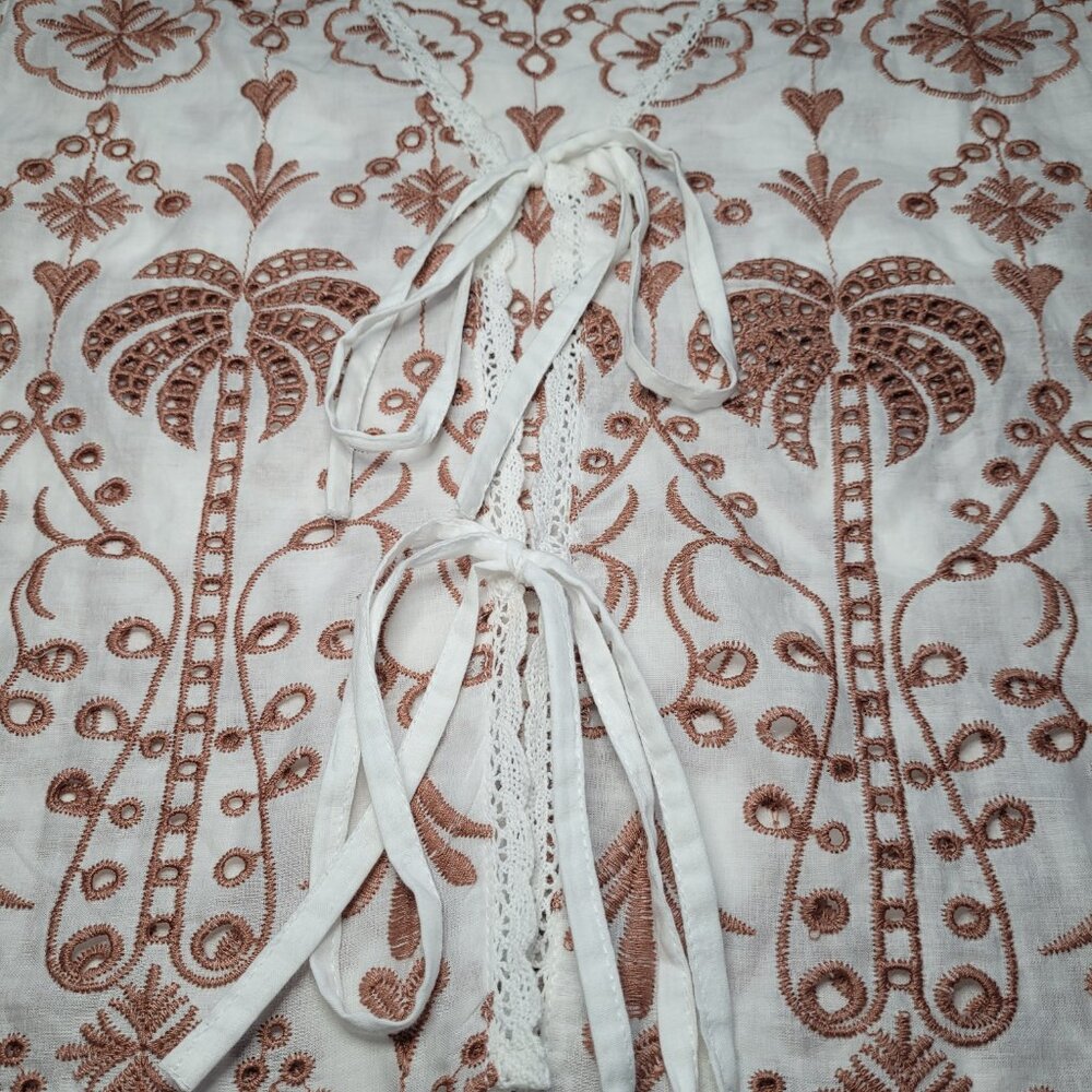 Rebellion Tie Front Eyelet Palm Top Cotton White Brown Large Boho Tropical - Picture 4 of 9